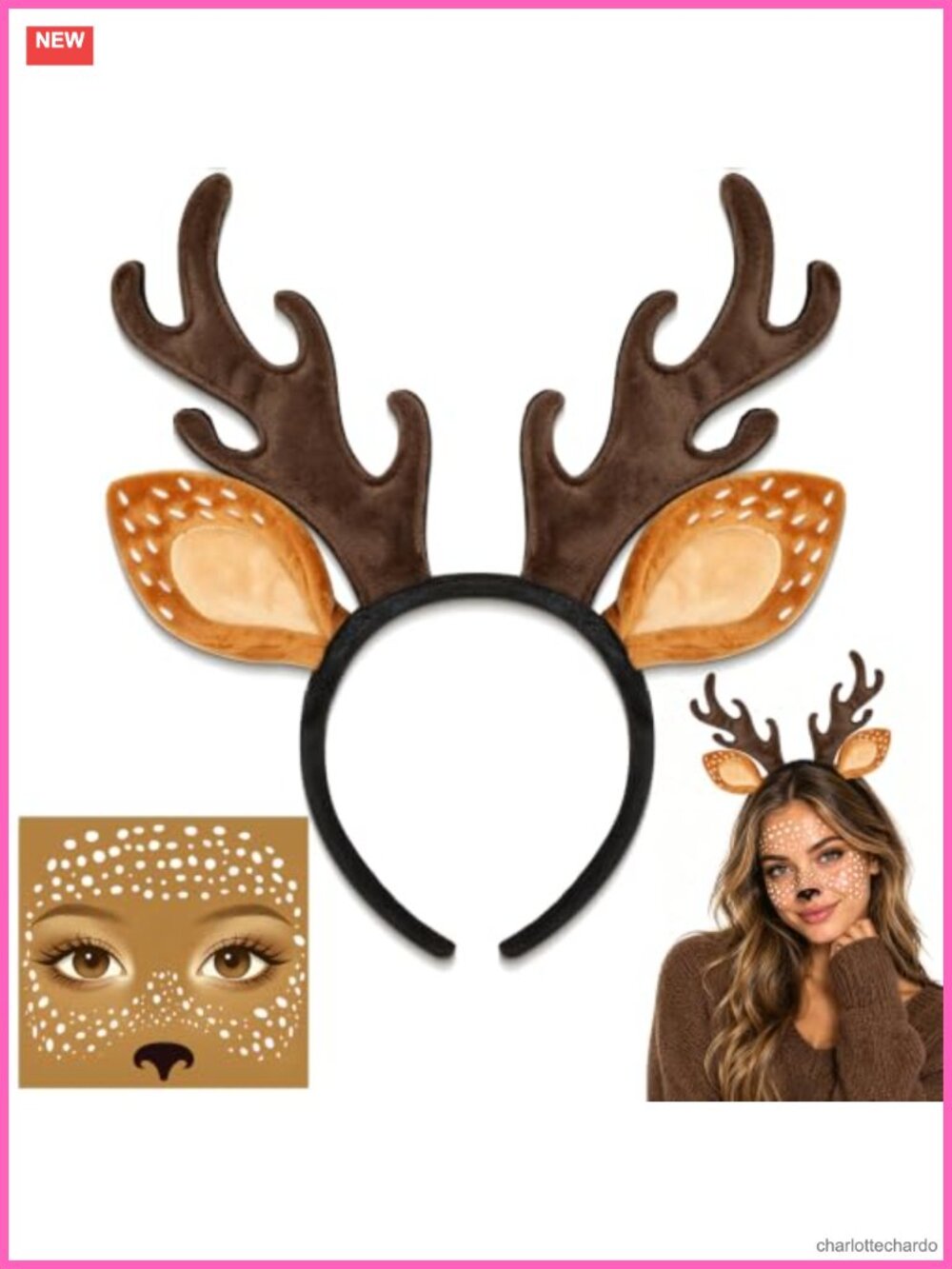 Deer Antlers Headband & Face Sticker Set 2pc Costume Accessories